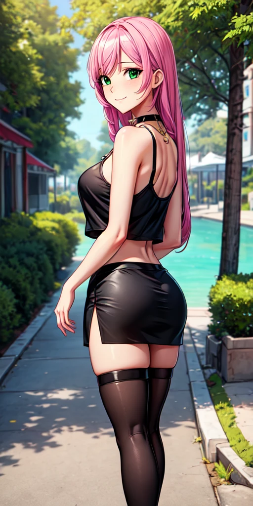 Masterpiece, beautiful art, 8k, art style by sciamano240, very detailed face, detailed hair, detailed clothes, detailed fabric, 1girl, beautiful face, long hair, pink hair , model head shot, facing camera, very detailed green eyes, sultry smile, wearing tank top , black dior thigh boots, black pencil skirt, walking , out shopping, necklace, chocker, rosey cheeks, sunny summer setting, full body rear view,