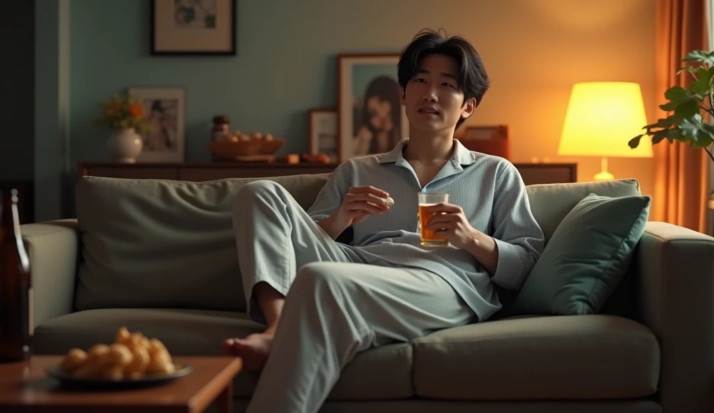 A Japanese salaryman relaxing with a drink in his living room after returning home from work. The scene is realistic, capturing a tired yet relaxed expression after a long day. The salaryman, having changed out of his suit into loungewear, is seated on the living room sofa, enjoying a beer and snacks. The background shows a cozy space lit by warm lighting, reflecting the peaceful mood of a quiet evening at home
