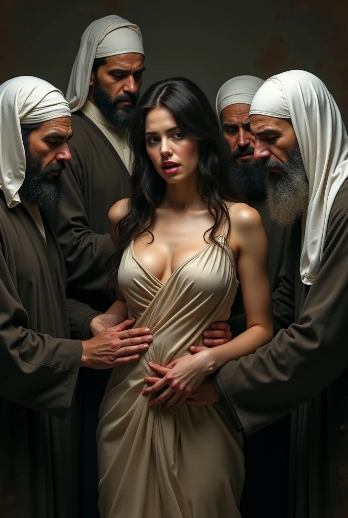 1 white girl wearing top of silky saree, with big breast,  and  groped by old muslim men wearing green clothes and white religious cap 