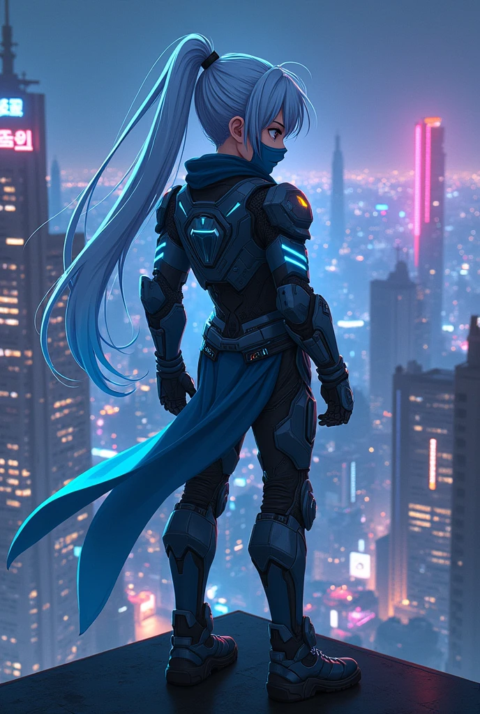 Create a boy with futuristic armor without a helmet, with a mask IN HIS MOUTH the boy has long white hair with cyan blue highlights combed in a ponytail, set in a cyberpunk era posing heroically seen from a back angle at night watching the city from the top of a building ANIME STYLE 