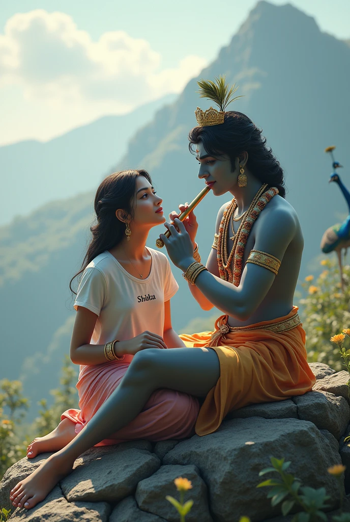 create a 3d image of 20 year old Indian devotional girl who is sitting next to krishna ji and Krishna ji playing the flute, they both sit together on the mountain,girl wearing T-shirt Name "Shikha" written on it, heaven like beautiful view background, peacock dancing,realistic image and boy is in barefoot.
