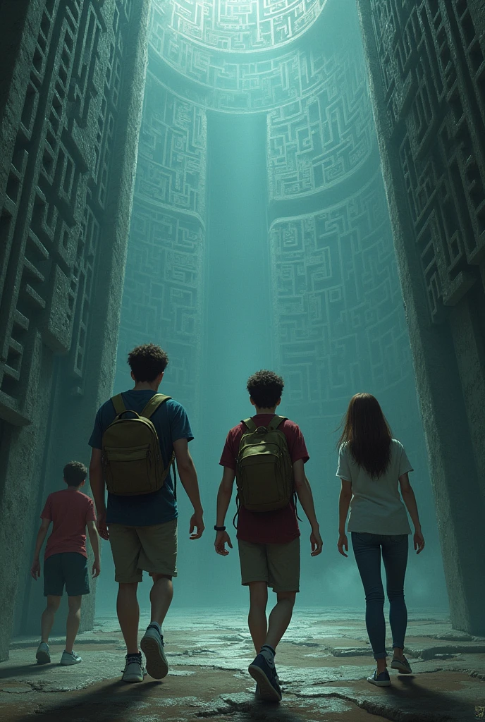 3 adult boys and a girl are trying to escape from the maze