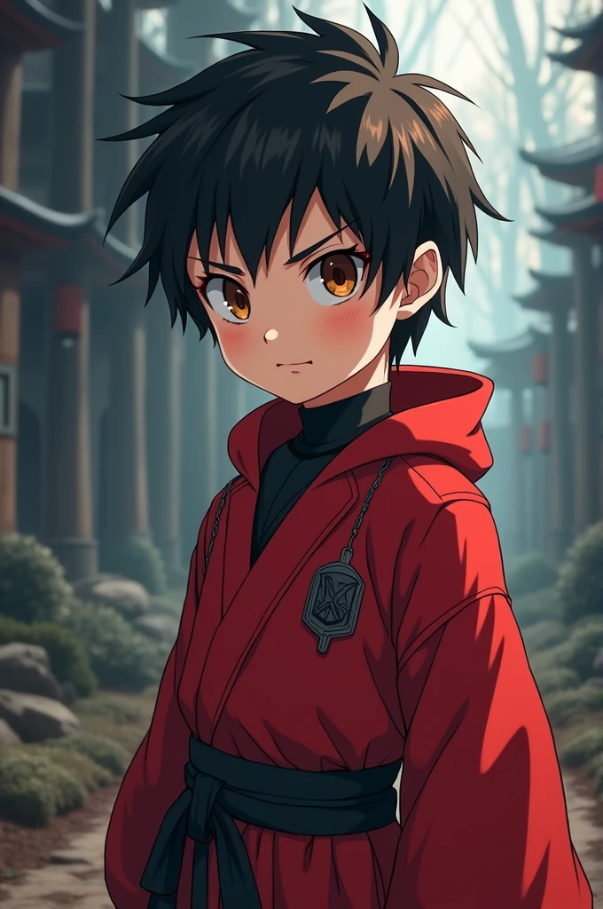 A young cute and adorable Japanese anime boy with black hair, brown eyes, and a red and black ninja suit.