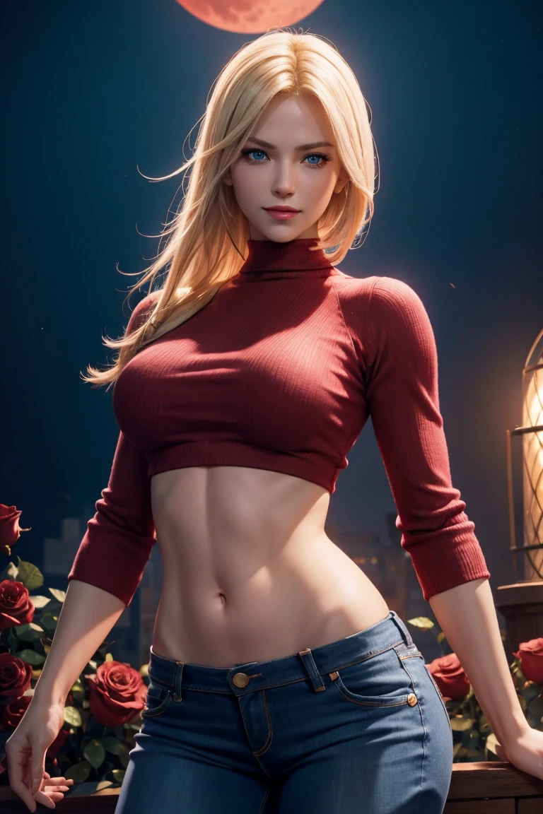 KOF,King of Fighters,Blue Mary,Blue Eyes,Blonde Hair,Medium Hair,Beautiful white skin,Photorealistic,Ultra HD,high quality,masterpiece,Digital SLR,Detailed details,Intricate details,Anatomical basis,Depicted in detail,A detailed face,Realistic skin texture,Vivid details,Perfect Anatomy,Perfect Anatomy,Anatomically correct hand,Anatomically correct fingers,Super Detail,Complex 3D rendering,Sexy pose,Red knitted tops,No sleeve,jeans,Fantasy worldview,Beautiful red sea,Beautiful Red Moon,Beautiful night sky,Petals of roses dance,Picturesque,Pink Lips,smile,