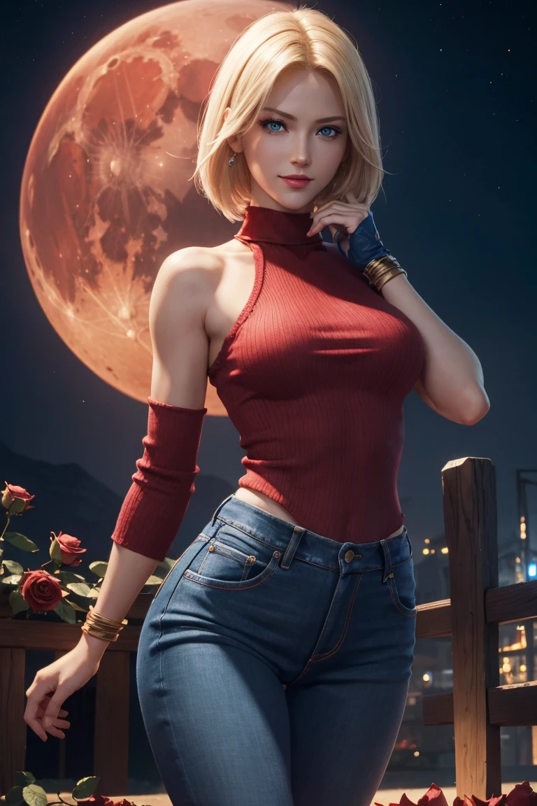 KOF,King of Fighters,Blue Mary,Blue Eyes,Blonde Hair,Medium Hair,Beautiful white skin,Photorealistic,Ultra HD,high quality,masterpiece,Digital SLR,Detailed details,Intricate details,Anatomical basis,Depicted in detail,A detailed face,Realistic skin texture,Vivid details,Perfect Anatomy,Perfect Anatomy,Anatomically correct hand,Anatomically correct fingers,Super Detail,Complex 3D rendering,Sexy pose,Red knitted tops,No sleeve,jeans,Fantasy worldview,Beautiful red sea,Beautiful Red Moon,Beautiful night sky,Petals of roses dance,Picturesque,Pink Lips,smile,