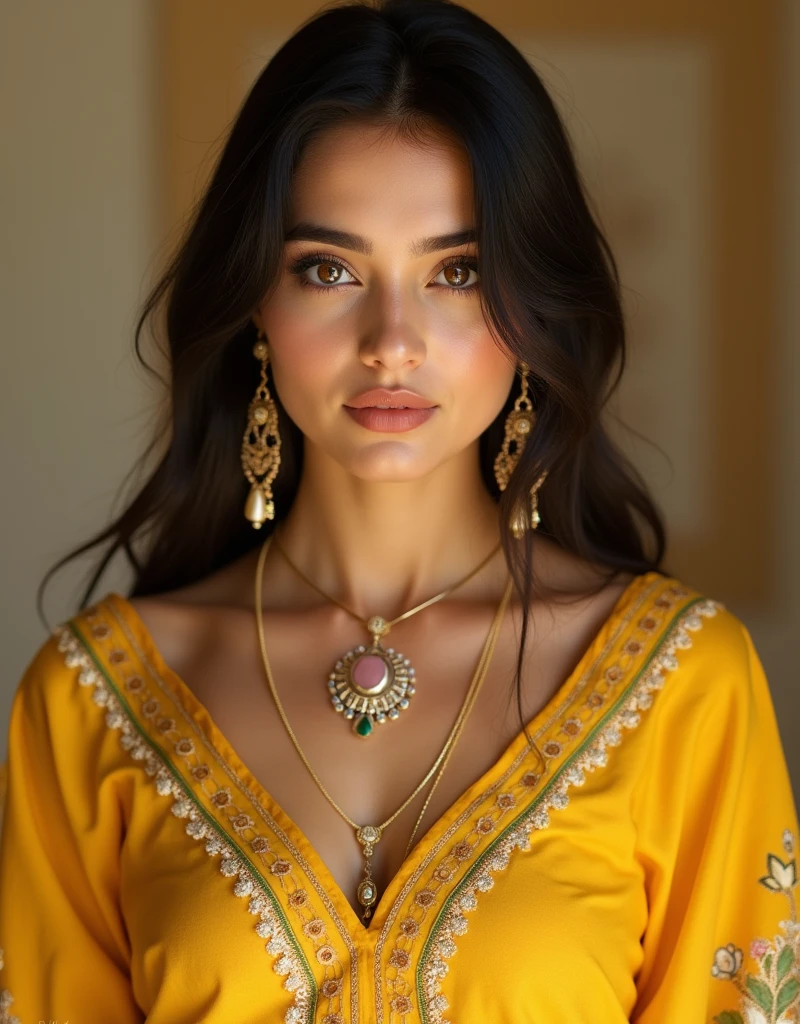 Create a image of a beautiful girl with big, wearing yellow sawar suit, age:25, uncropped, capture her from her thighs up, front pose.