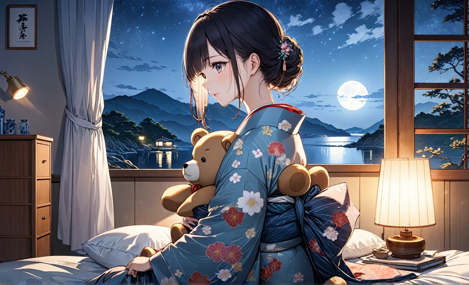 Ukiyo-e, Japanese painting, woodblock print, anime, manga, comics, figure, Beautiful woman, Wearing colorful open-necked kimonos, wariza, Holding a cute teddy bear, 背景ステンドグラスanime,A beautiful young woman,soft moonlight illuminating her face, cozy bedroom setting, romantic and tranquil atmosphere, photorealistic, highly detailed,Romantic and tranquil atmosphere、Photorealistic、Very detailed,night,Seaside,nightの虹