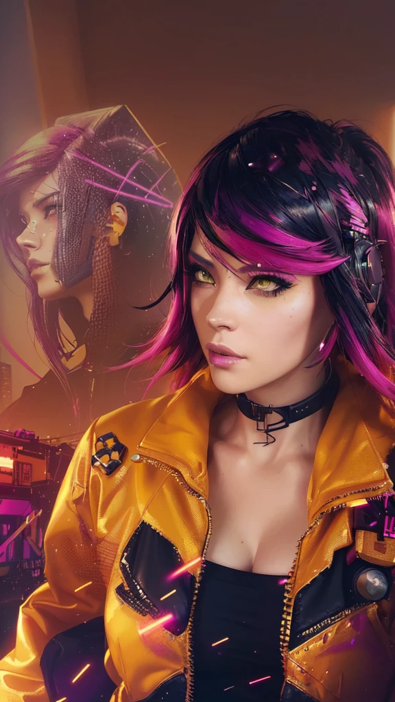 there is a woman with a yellow jacket and pink hair, cyberpunk judy alvarez, cyberpunk jackie welles, the cyberpunk girl portrait, cyberpunk femme fatale, stylized urban fantasy artwork, hyper-realistic cyberpunk style, cyberpunk art style, cyberpunk style , hyperrealistic, cyberpunk artstyle, photorealistic artstyle, realistic artstyle, cyberpunk digital painting, in cyberpunk style
