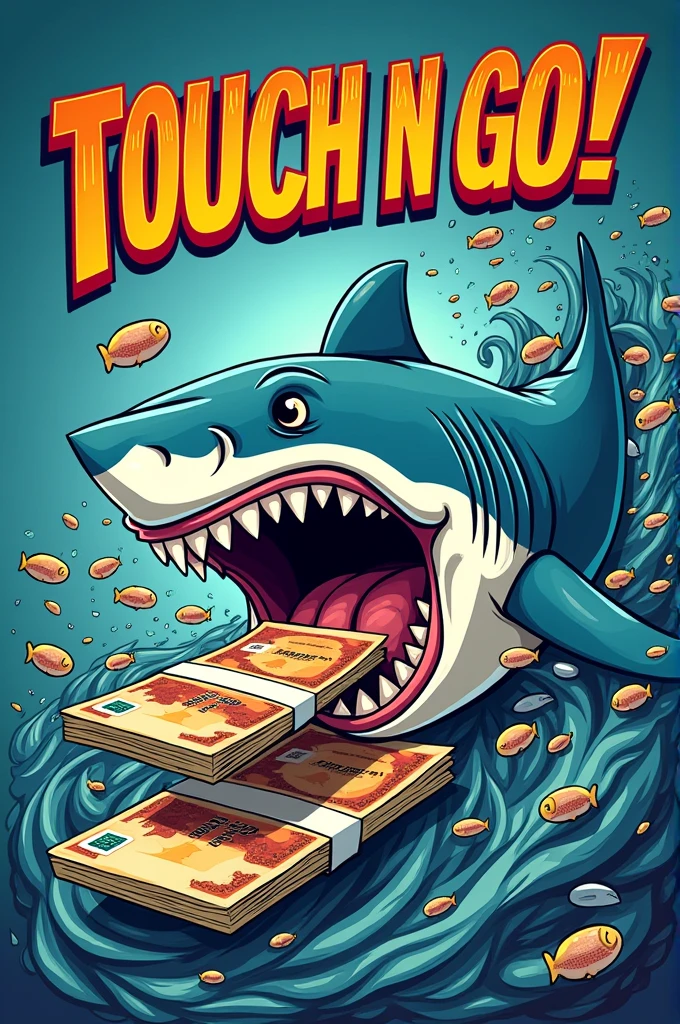 Create a vibrant and dynamic illustration featuring a fierce, cartoon-style shark biting into a stack of money note malaysia. Surround the shark with a chaotic background filled with small fish, representing financial opportunities. Include bold, retro-style text at the top saying 'TOUCH N GO!' and at the bottom, 'MONEY PACKET U PADU! 2024' Use a mix of sharp lines and bright colors to give the design an energetic and eye-catching appeal."