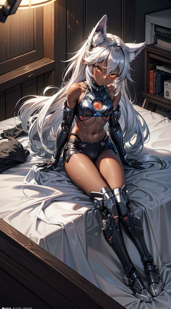 dark skin,Silver Hair,Fox Girl,(((small breasts))),(Perfectly detailed face),(Young) , Super cute face, ((cyborg)), (((Black underwear))),,sweaty,High resolution, masterpiece, Highest quality, High resolution,indoor,Bed