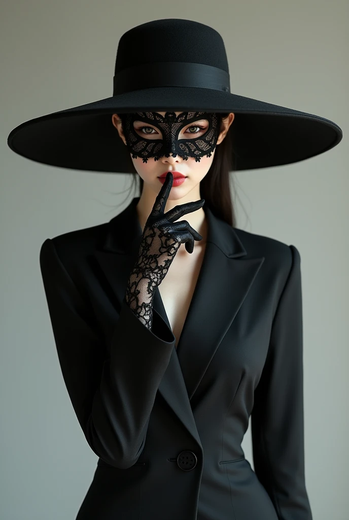 A Japanese woman wearing a full-head black lace mask that covers her mouth and nose and cuts out only for the eyes、Long black lace gloves、Black Suit、Elegant wide brim black hat、Putting a finger to the lips