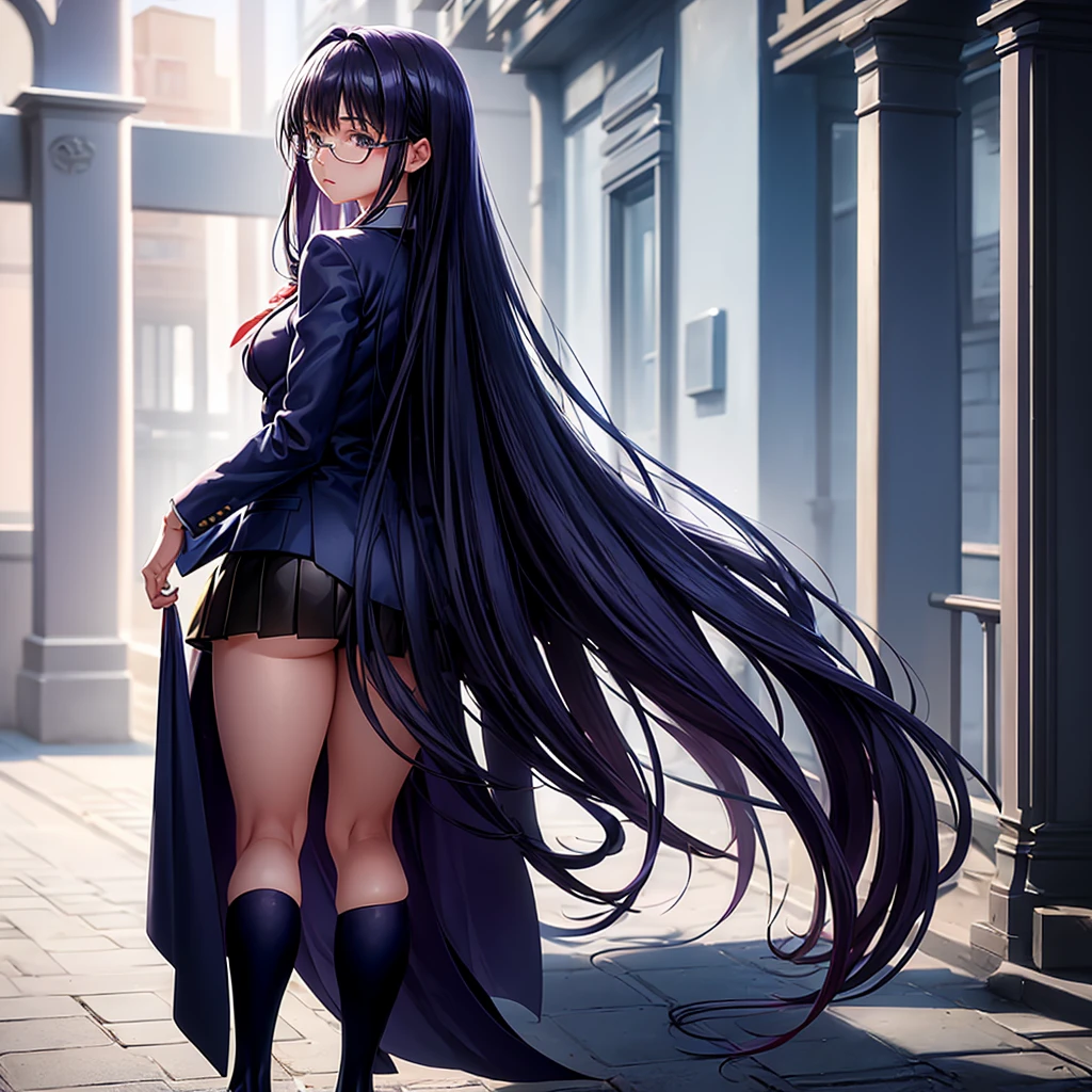 a girl wearing a navy blue blazer, mini skirt, purple long hair, full body, back view, turning around, school courtyard, detailed limbs, (wearing glasses), (masterpiece:1.2), (realistic:1.37), highly detailed, ultra-detailed, 8k, vivid colors, natural lighting, elegant, refined, sophisticated