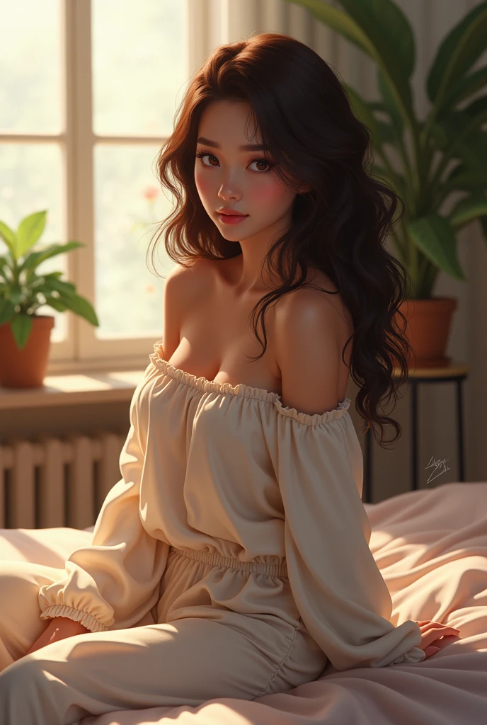 (photorealism:1.2), beautiful woman, sitting on bed, wearing loose off-shoulder top, pajama pants, long curly hair, indoors, soft lighting, plants in background, window with sunlight, cozy room, relaxed pose, realistic, 