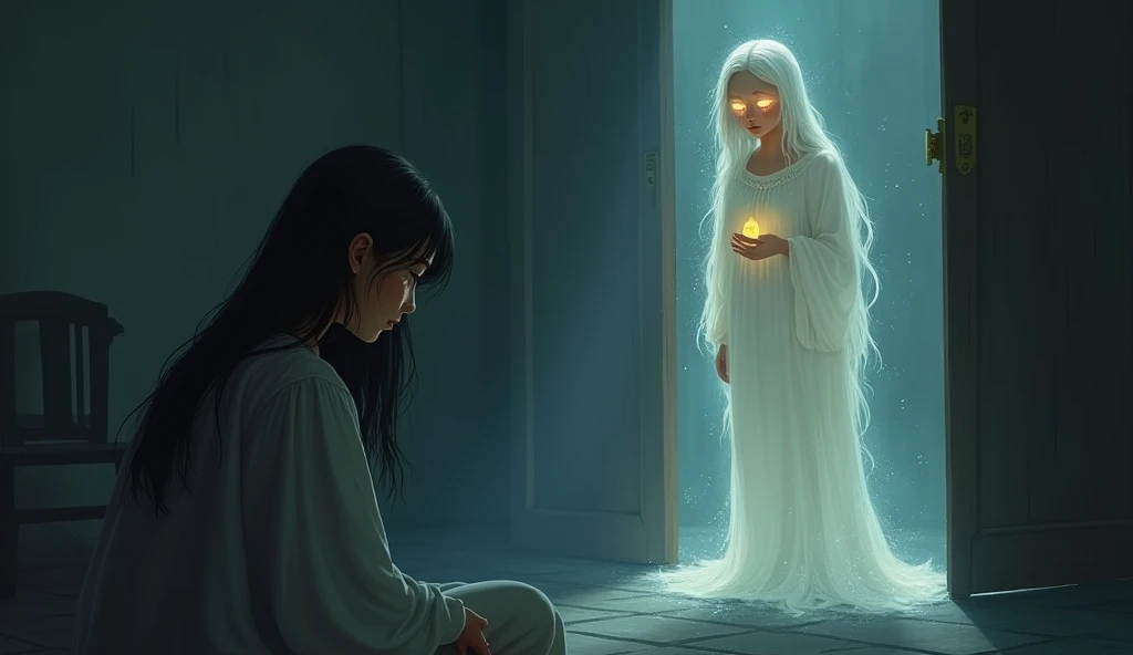 "Sia is sitting alone, weeping softly in a dimly lit room when a glowing, kind-faced fairy godmother appears, surrounded by a soft light, ready to offer help."