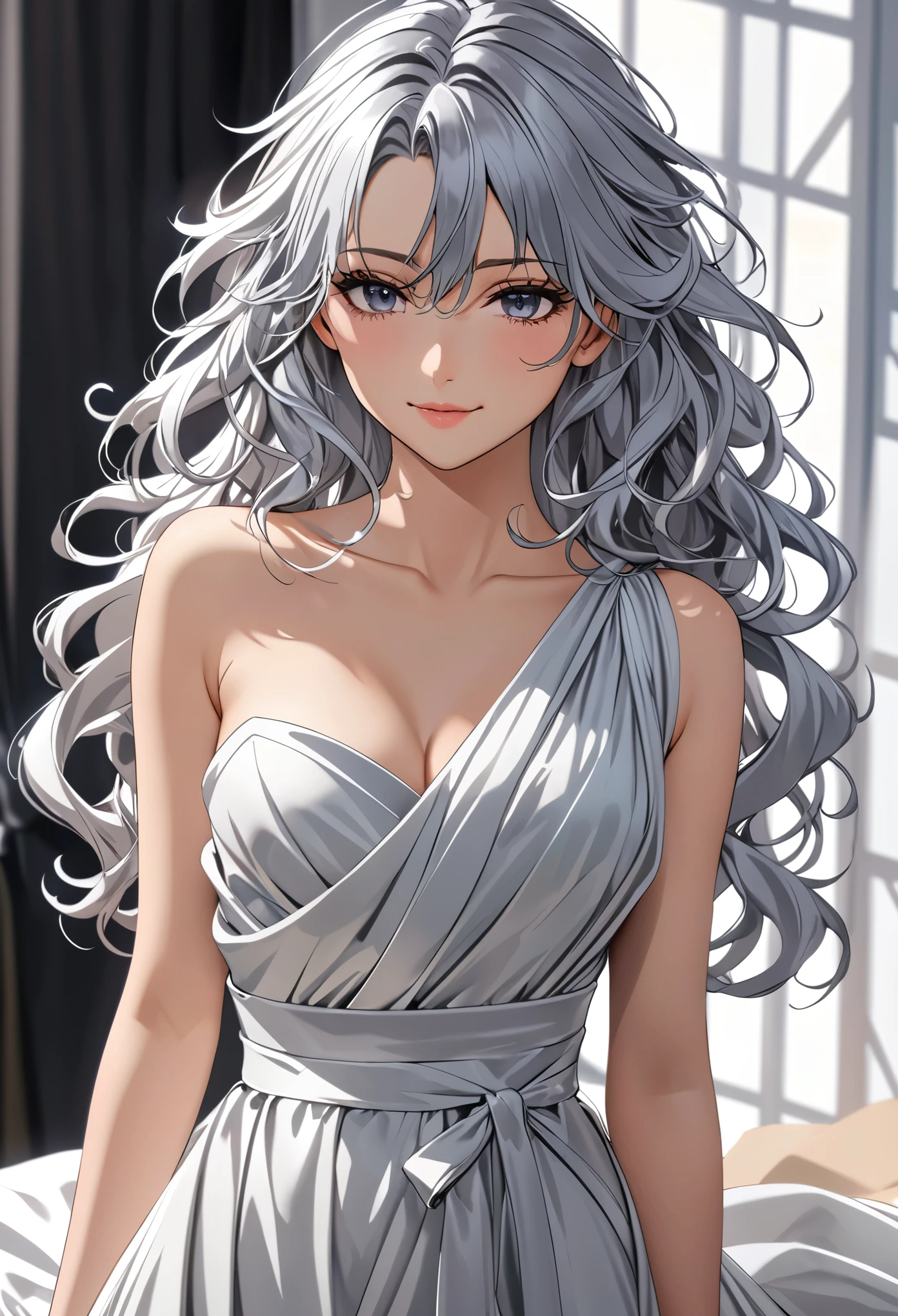 (masterpiece), (high resolution, 8k), (high detailed), women, lean body, (long waist length wavy messy hair(silver colored)), beautiful face, (close mouth:1.2), tired smile, one shoulder sexy dress (draped), anime style, unaestheticXL_bp5, SimplePositiveXLv2