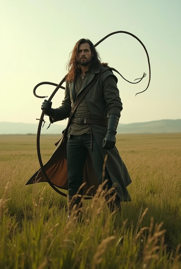 Nash holding a whip and is in a field