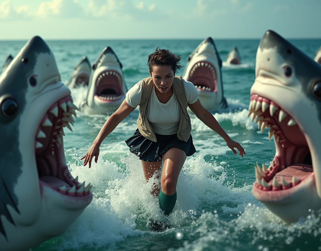 ((Highest quality)), ((photograph)), ((Sea surface)),  ((Run and escape)), (One person),  (Face of fear), (Women like bodybuilders), (Giant Jaws Storm), Off-white short-sleeved shirt with light brown vest、A muscular man with a bodybuilder-like build wearing a knee-length black skirt, dark green socks and black shoes.々Short-haired woman、A video of a man desperately swimming away from a large number of giant great white sharks.、Sea surfaceの画像、