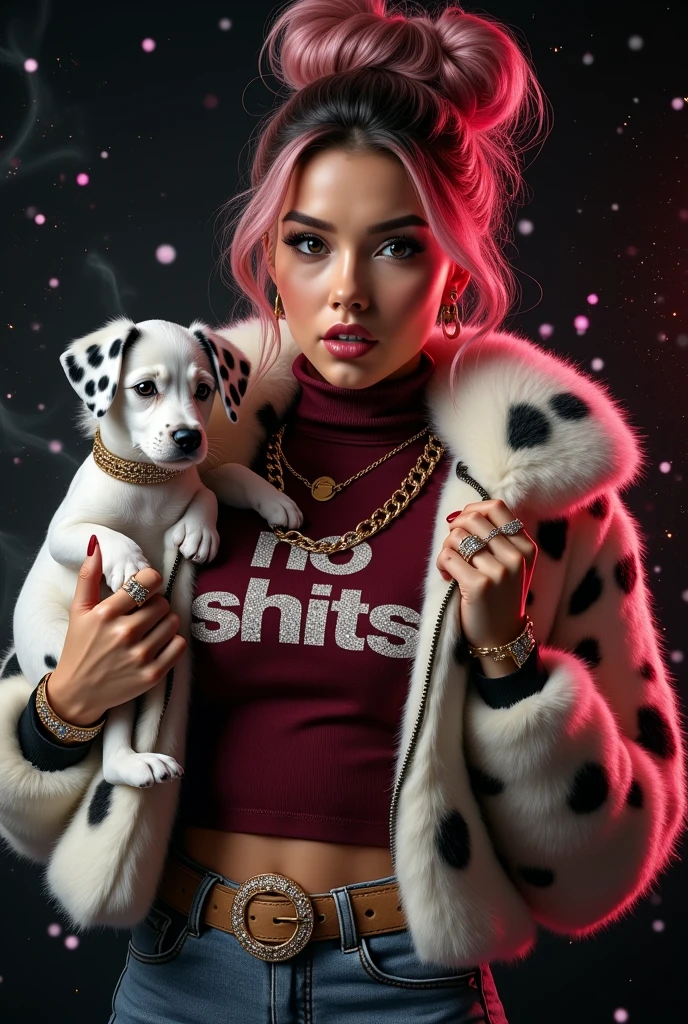 beautiful tanned japanese woman, wearing a designer fur puffer crop dalmatian print jacket , and dark red turtle neck t-shirt underneath the coat, write "NO SHITS" with glitter on t-shirt, (t-shirt tucked in) (t-shirt underneath pants) tucked in the t-shirt inside underneath jeans pants, chain necklace, diamond rings, hoop earring, big diamond buckle leather belt, thick eyebrows, photorealistic, masterpiece, moncler, messy bun pink highlighted hair, open the jacket, lips pouting, pouts, void black background with smokes, glitters and particles and nice lighting, UHD, HDR, 8k, Masterpiece, holding dalmatian puppy wearing gold collar