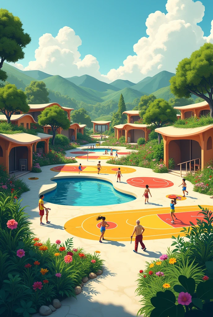 Sports and cultural complex Courts Swimming pool Skate park Organic Vegetation Curvilinear Village