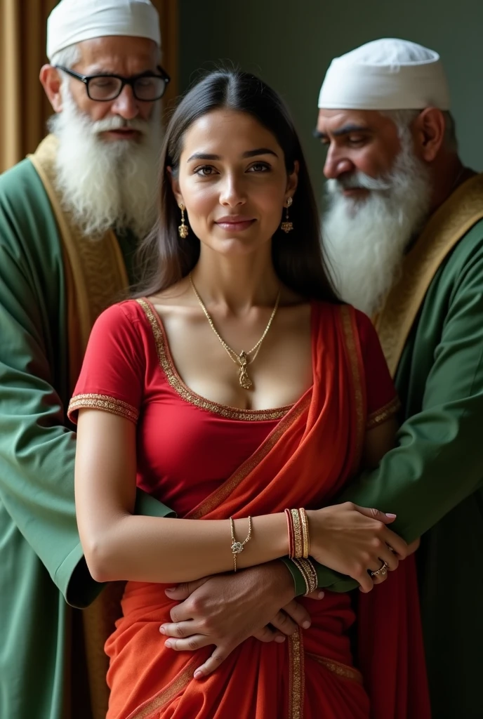 1 white girl wearing red top of silky indian saree, with big breast,  and  groped by old muslim men wearing green clothes and white religious cap 