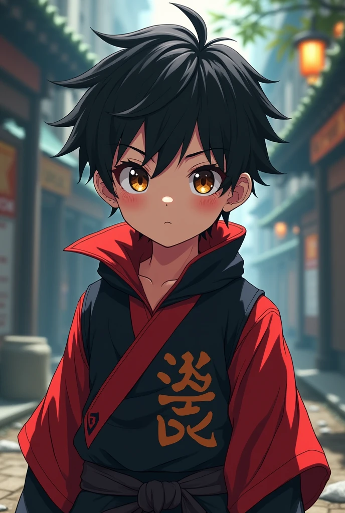 A young cute and adorable Japanese anime boy with black hair, brown eyes, and a red and black ninja suit.