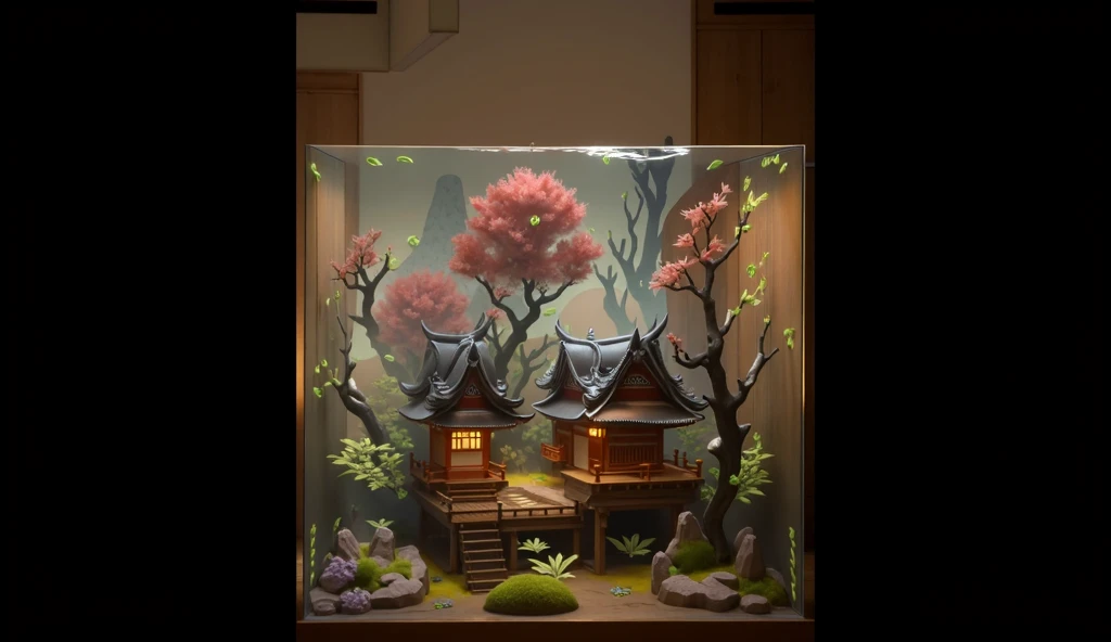 (There are many houses and trees),There are endless mountains behind the house.。, Japanese 3D 8K Ultra Detailed, Zen temple background, Inspired by Yoshida Toshi, Inspired by Sōami, 4k highly detailed art, Inspired by Nōami, Landscape Art Detail, Beautiful and detailed scenes, Background artwork, 4k highly detailed digital art,((The screen is fully filled))