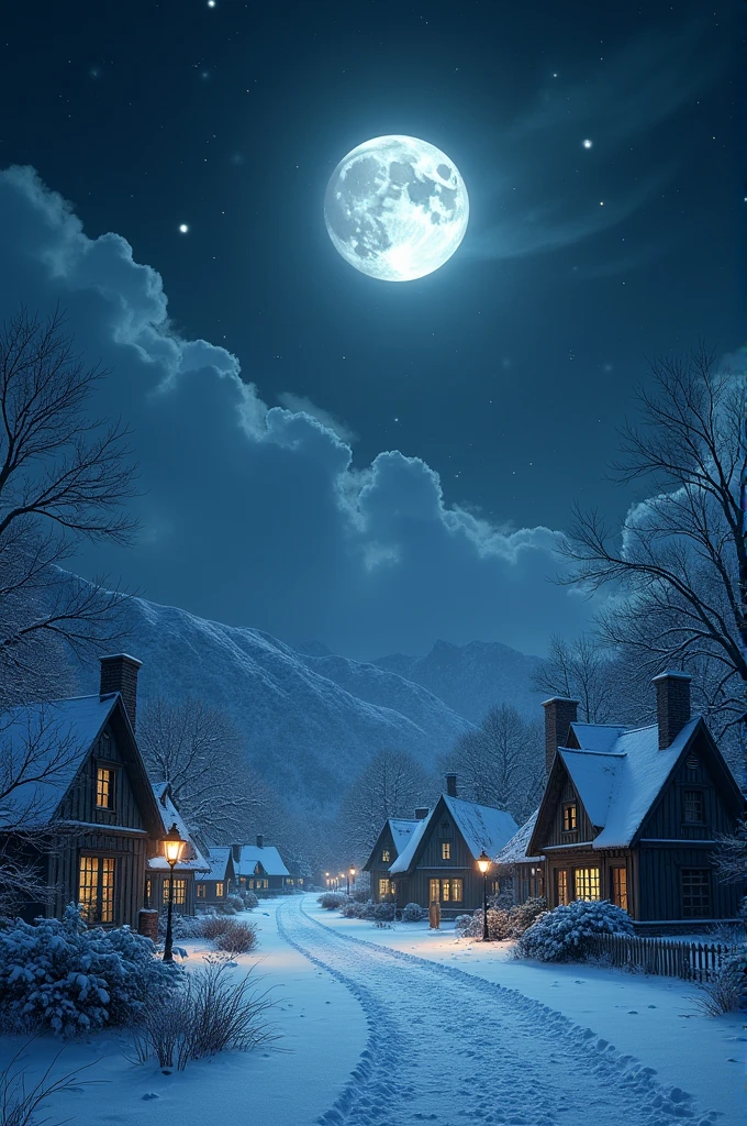 A quiet, snow-covered village at night, with the moon casting eerie shadows.