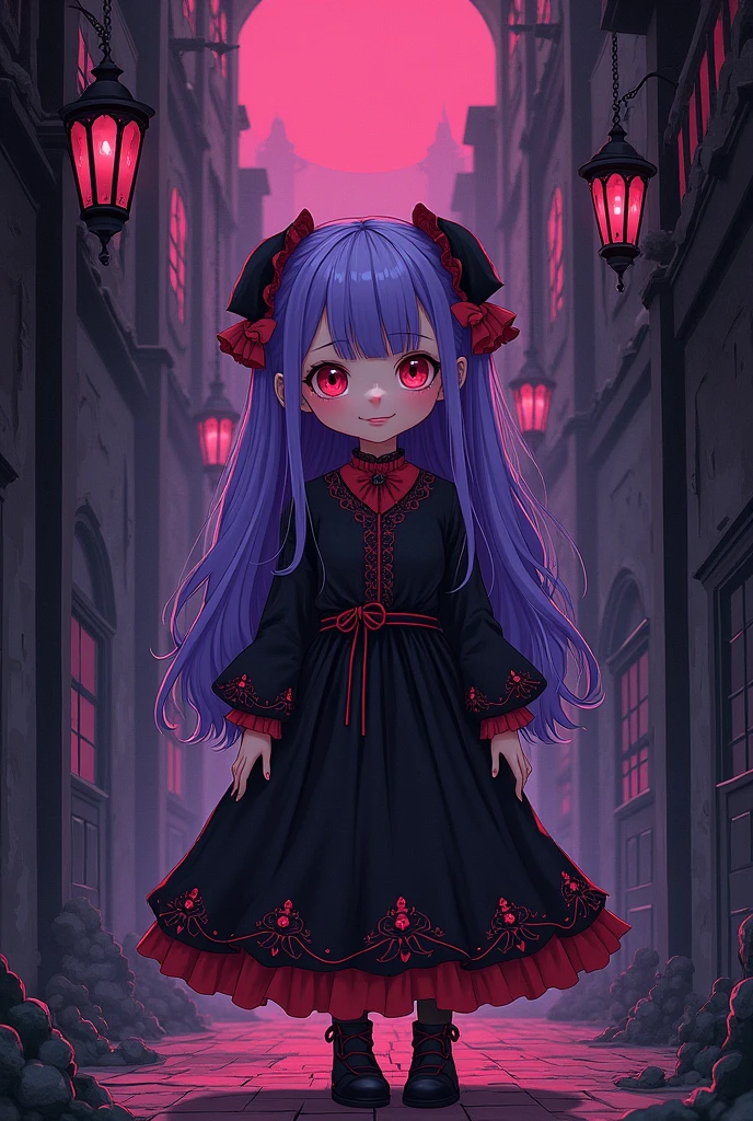 Fait une illustration d'une poupée de jeune fille aux longs cheveux violets, vêtue d'une robe lolita noire avec un nœud rouge, se tient dans une ruelle sombre et étrange, entourée de poupées effrayantes et d'une atmosphère envoûtante. Ses yeux brillent en rouge et elle a un sourire sinistre. Fond une chambre d'enfant sombre et étroite, avec des toiles d'araignées et des poupées suspendues L'ambiance générale est troublante et mystérieuse. Aquarelle et encre à l'alcool. Style anime style de yoshitaka amano. Gothique et baroque. Eclairage tamisé, avec une palette vive allant du rose au violet. Lignes fines et sinueuses pour créer des formes élégantes, inspirées par nihonga et l'Art nouveau.