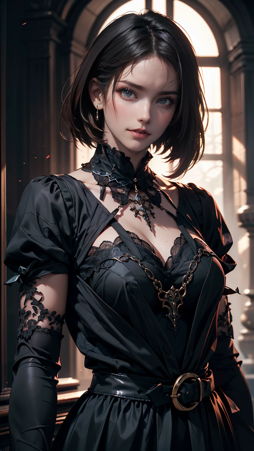 (high quality: 1.3), Cinematic shots, masterpiece, (Sharp focus: 1.5), (Realistic: 1.3), Medium portrait (Beautiful young vampire woman, Pale skin, Gothic, Still proud、Brave, Straight black short bob hair, Dark look, Wearing a very finely crafted dark tunic, Dark atmosphere, but、Sculpting shapes with sharp chiaroscuro), It's night, (Highly detailed skin), (Detailed face), Detailed Background, Dim lighting, dusk lighting, Volumetric lighting, Intricate details, Ultra-high resolution,