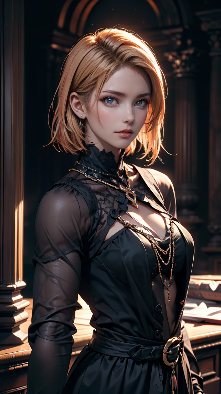 (high quality: 1.3), Cinematic shots, masterpiece, (Sharp focus: 1.5), (Realistic: 1.3), Medium portrait (Beautiful young vampire woman, Pale skin, Gothic, Still proud、Brave, Straight black short bob hair, Dark look, Wearing a very finely crafted dark tunic, Dark atmosphere, but、Sculpting shapes with sharp chiaroscuro), It's night, (Highly detailed skin), (Detailed face),  Detailed Background, Dim lighting, dusk lighting, Volumetric lighting, Intricate details, Ultra-high resolution,