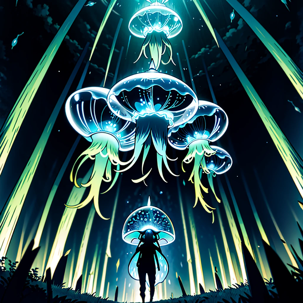 masterpiece, high quality, ultra high resolution, pokemon style, light type, a mix of a firefly bioluminescent jellyfish and a lanternfish fighting on the forest