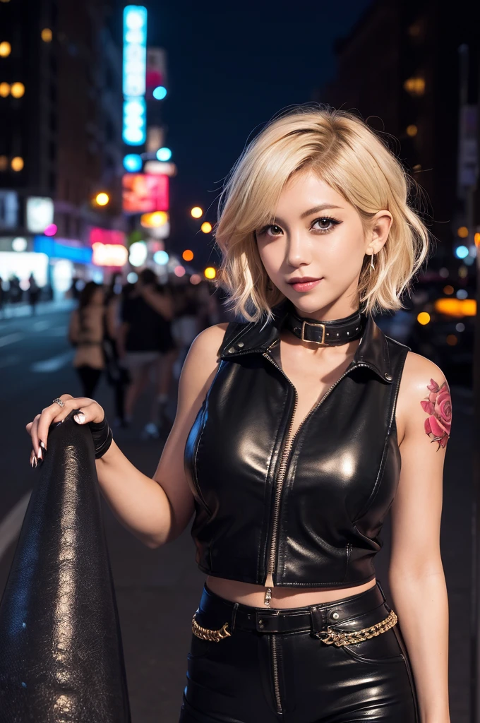 A beautiful girl, Japanese beautiful gyaru, blond hair, (very short hair:1.4), devilish smile, (big breasts:1.2), Rock style fashion, (Sleeveless Black Riders Jacket:1.2), Short length latex shirt_open zipper, Very short black leather pants. dog collar, (Butterfly tattoo on chest:1.1), Tattoo of a rose on the shoulder, Downtown New York City at night. Lots of neon signs. Diagonal front composition,//quality, Realistic photograph, (best quality:1.5), (hyper-realistic:1.2), (high resolution:1.5), (Cinematic Lighting:1.2), upper body shot, RAW photo, (4k. 8k precision image), detailed textures, sharp focus,ultra-detailed,