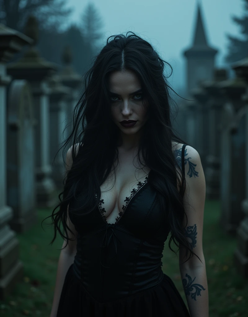 Front view, sexy witch, erotic photoshoot, posing in a cemetery, looking at viewer, gloomy light passing through hair, gloomy lighting, gothic style, witches' sabbath, ((dark night)), depth of field, bokeh