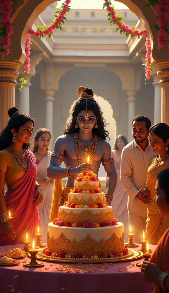 Here is a description of the scene where Lord Krishna cuts his birthday cake with his friends and family:

The grand courtyard of Krishna's palace was alive with the joyous celebration of his birthday. Colorful garlands of fragrant flowers adorned the pillars and archways, their petals gently drifting to the ground. The air was filled with the tantalizing aroma of freshly baked sweets and the lively chatter of Krishna's loved ones.

In the center of the courtyard stood an opulent table, adorned with an ornate, multi-tiered birthday cake. The creamy frosting was decorated with intricate designs and topped with a vibrant array of fresh fruits. Flickering oil lamps cast a warm, golden glow over the scene, highlighting the smiling faces of Krishna's family and friends.

Krishna, his eyes sparkling with delight, stood before the cake, surrounded by those he cherished most. His mother, Devaki, beamed with pride, her hands clasped together in joy. The gopis, Krishna's devoted companions, clustered around him, their faces radiant with adoration.

With a graceful sweep of his hand, Krishna leaned forward and carefully sliced into the cake, meticulously dividing it into equal portions. As he began to serve the delectable treats to his guests, laughter and exclamations of delight filled the air.

The group eagerly accepted the offered slices, savoring the rich, creamy sweetness. They exchanged warm embraces and heartfelt wishes, their expressions reflecting the deep bond they shared with Krishna.

It was a scene of pure joy and celebration, a testament to the love and community that surrounded the beloved Krishna on his special day.