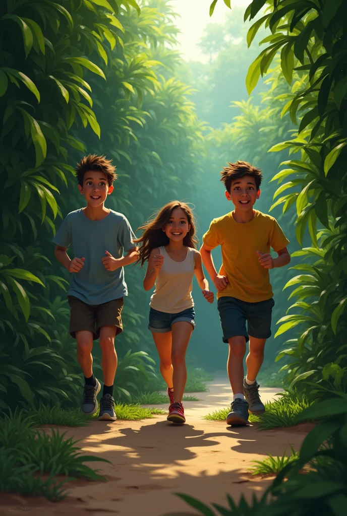 3 adult boys and a girl are running in the maze