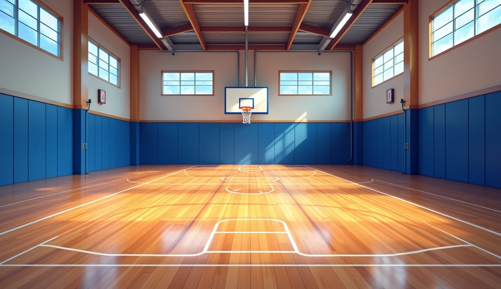 a Japanese school basketball court with bright colors. the floor is wooden, the court is empty without any people and there aren't any windows; no windows