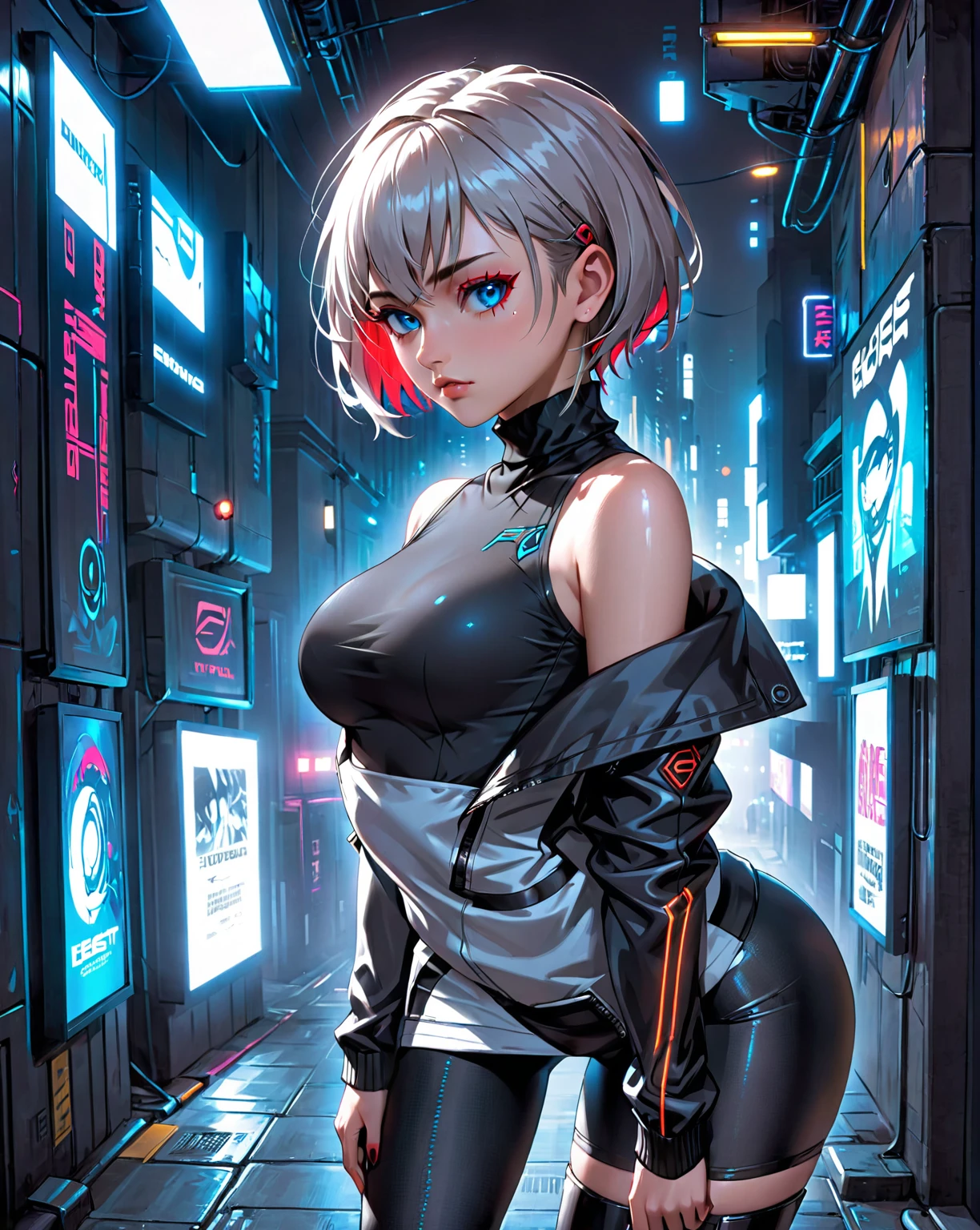 cyberpunk edgerunners, 1 girl, Lucy (cyberpunk), bare shoulders, blue eyes, breasts out, tight skin, looking forward to the viewer, medium breasts out, shoulder to shoulder jacket, off the shoulder, Red eyeliner, short hair, sleeveless turtleneck tight skin, Being alone, turtleneck tight skin, by white, ((artwork)) (Best Quality, artwork)