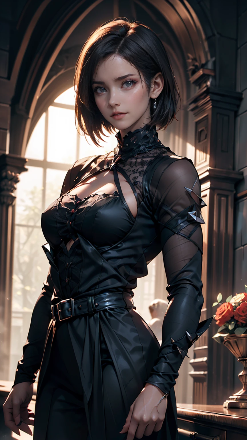 (high quality: 1.3), Cinematic shots, masterpiece, (Sharp focus: 1.5), (Realistic: 1.3), Medium portrait (Beautiful young vampire woman, Pale skin, Gothic, Still proud、Brave, Straight black short bob hair, Dark look, Wearing a very finely crafted dark tunic, Dark atmosphere, but、Sculpting shapes with sharp chiaroscuro), It's night, (Highly detailed skin), (Detailed face), Detailed Background, Dim lighting, dusk lighting, Volumetric lighting, Intricate details, Ultra-high resolution,