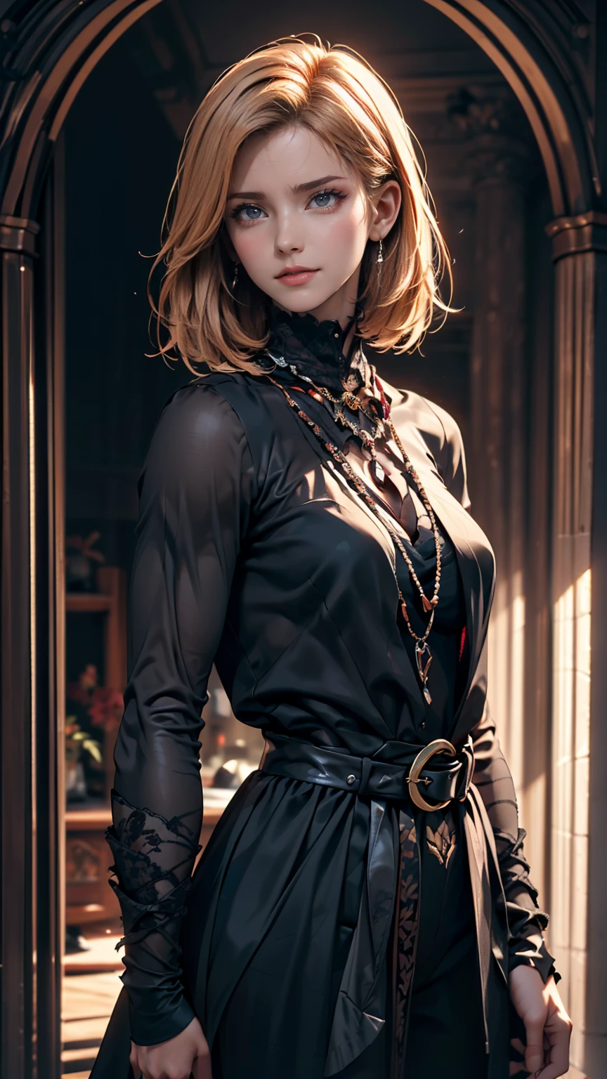 (high quality: 1.3), Cinematic shots, masterpiece, (Sharp focus: 1.5), (Realistic: 1.3), Medium portrait (Beautiful young vampire woman, Pale skin, Gothic, Still proud、Brave, Straight black short bob hair, Dark look, Wearing a very finely crafted dark tunic, Dark atmosphere, but、Sculpting shapes with sharp chiaroscuro), It's night, (Highly detailed skin), (Detailed face), Detailed Background, Dim lighting, dusk lighting, Volumetric lighting, Intricate details, Ultra-high resolution,