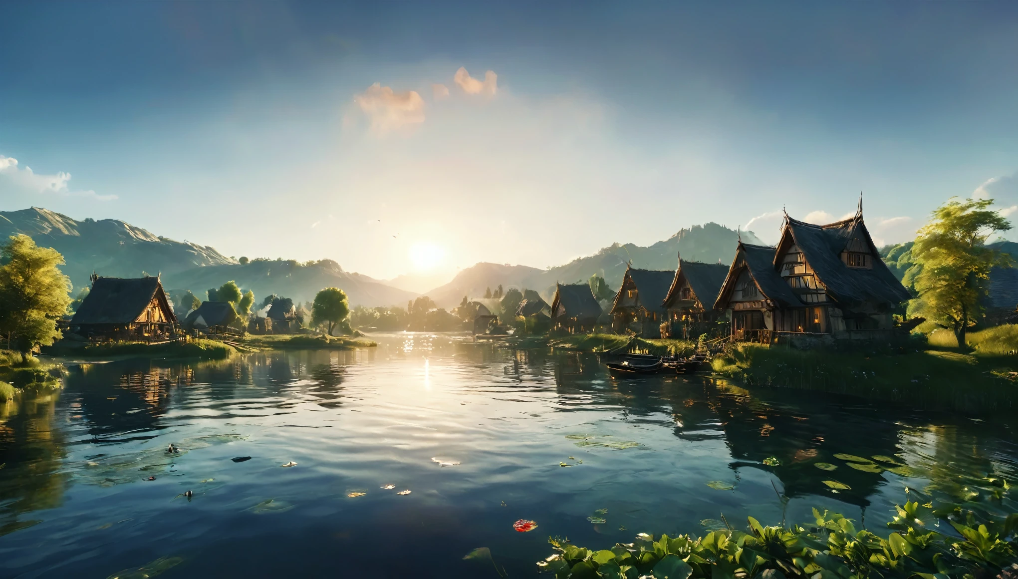 a beautiful medieval fantasy village next to a lake, birds flying around, village on the side of lake, dawn lighting, sun rising on the horizon, hills in the background, magical summer scene, tranquility, peace, (best quality,4k,8k,highres,masterpiece:1.2),ultra-detailed,(realistic,photorealistic,photo-realistic:1.37),stunning lake landscape,serene atmosphere,warm golden hour lighting,dramatic sky with clouds,detailed medieval village, stone and wood huts,intricate bird shapes,lush green foliage,small hills,golden sun rays,reflective lake surface,calming water ripples,picturesque vista,idyllic summer day