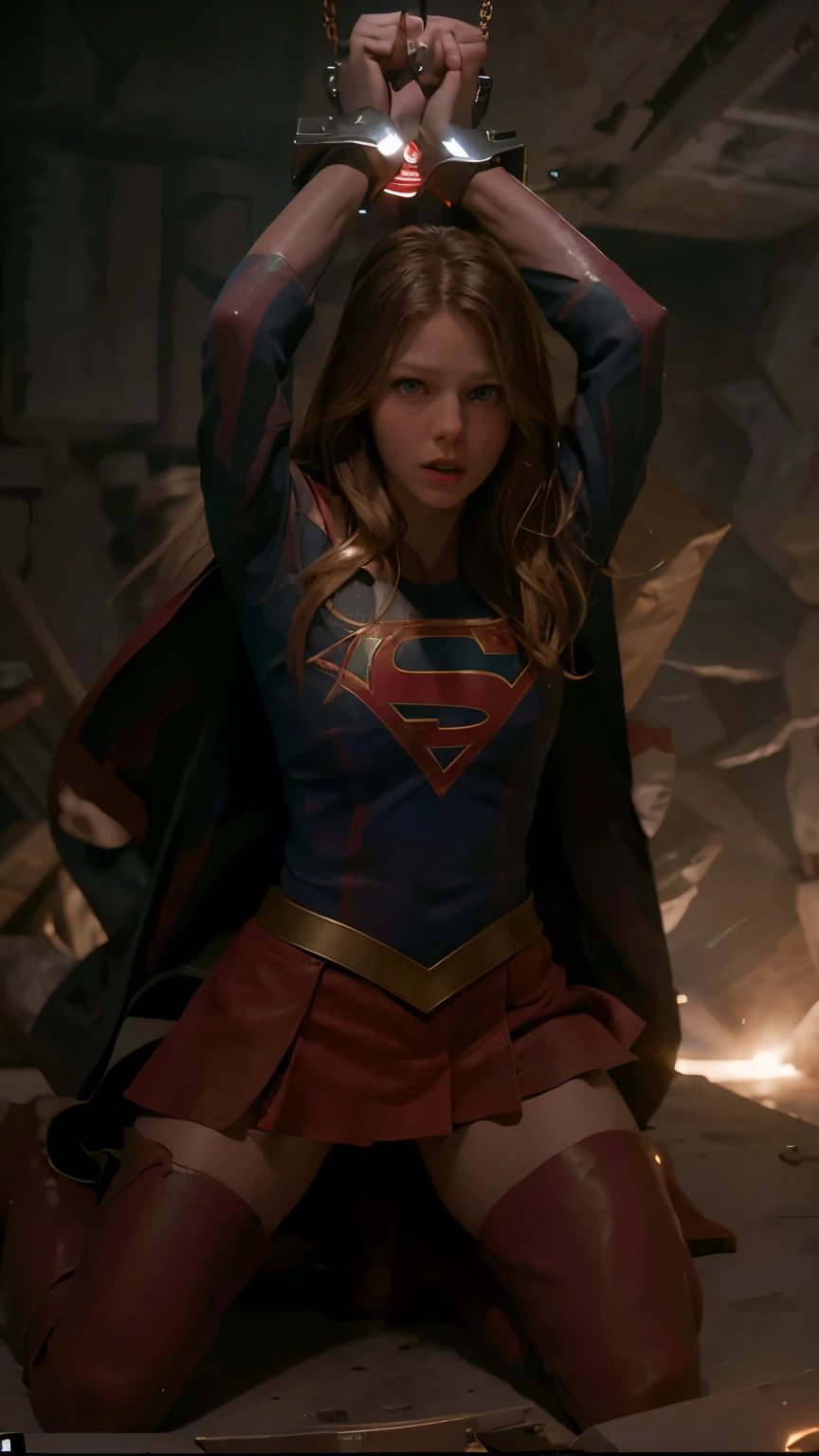 a handcuffed super girl getting raped by an evil squirting, space, space ship, futuristic, bdsm, bondage, , , forced, sexual intercourse, handcuffed, restrained, tattered red skirt, Melissa Benoist face, Melissa Benoist, beautiful face, hyper detailed face, eyes close, painful face,