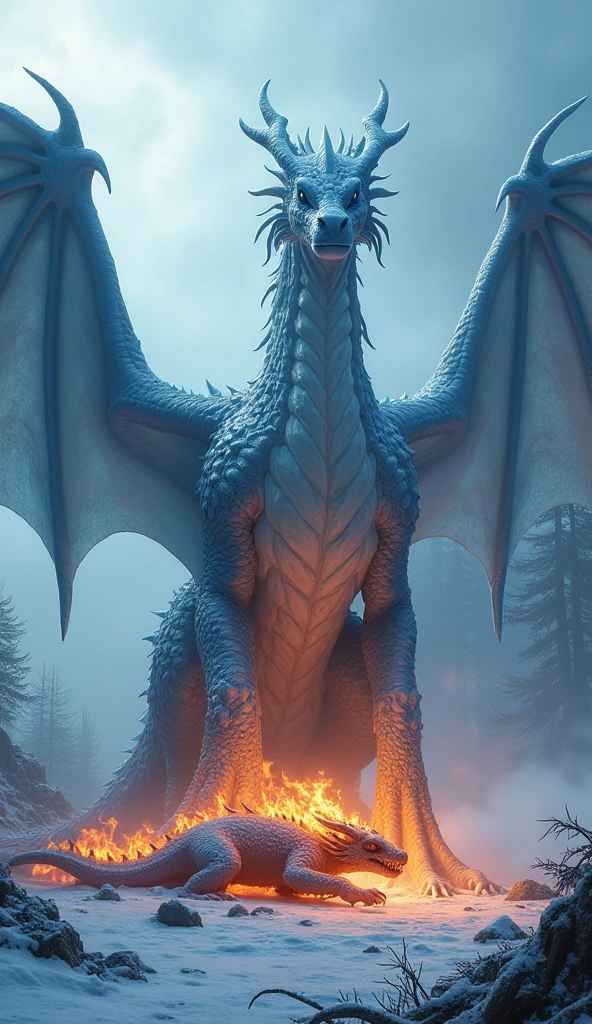 Ice dragon standing on a dead fire dragon that it fought in a half frozen half burning forest