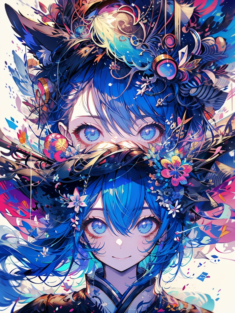 Japan female teenager、Blue-haired、long pony tail、drooping dog ears、Dog tail、Onmyoji costume、a smile
