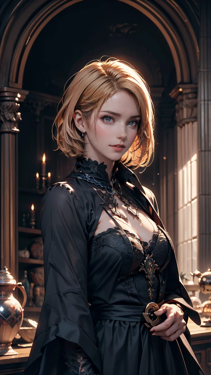 (high quality: 1.3), Cinematic shots, masterpiece, (Sharp focus: 1.5), (Realistic: 1.3), Medium portrait (Beautiful young vampire woman, Pale skin, Gothic, Still proud、Brave, Straight black short bob hair, Dark look, Wearing a very finely crafted dark tunic, Dark atmosphere, but、Sculpting shapes with sharp chiaroscuro), It&#39;s night, (Highly detailed skin), (Detailed face),  Detailed Background, Dim lighting, dusk lighting, Volumetric lighting, Intricate details, Ultra-high resolution,