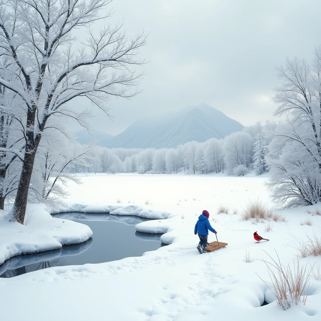 A vast, serene winter landscape is enveloped in a symphony of white. Branches of trees are heavily laden with fresh, fluffy snow, their trunks becoming almost invisible. Delicate snowflakes continue to drift down from the gray, cloudy sky, each one unique and intricate. Snow-capped mountains provide a majestic backdrop in the distance, while in the foreground, a frozen pond mirrors the beauty around it. Amidst this quiet, monochromatic scene are spots of vibrant color: a lone cardinal, its red feathers stark against the whiteness, and a child wearing a bright blue coat, forging a path with a wooden sled.