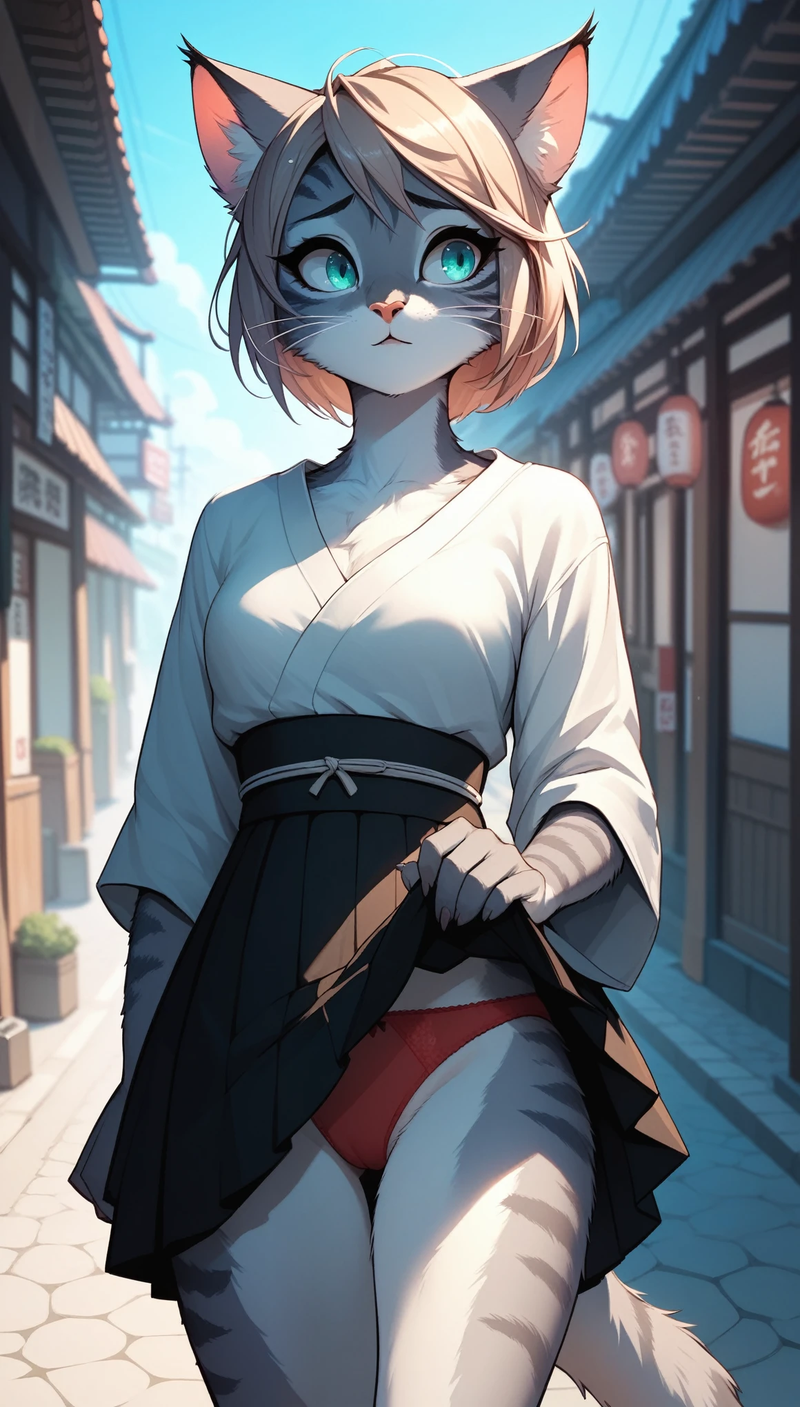 Furry, female cat, puss, Japanese form , on a Japanese street, gust, the wind lifted the skirt, face disturbance, trying to cover her panties