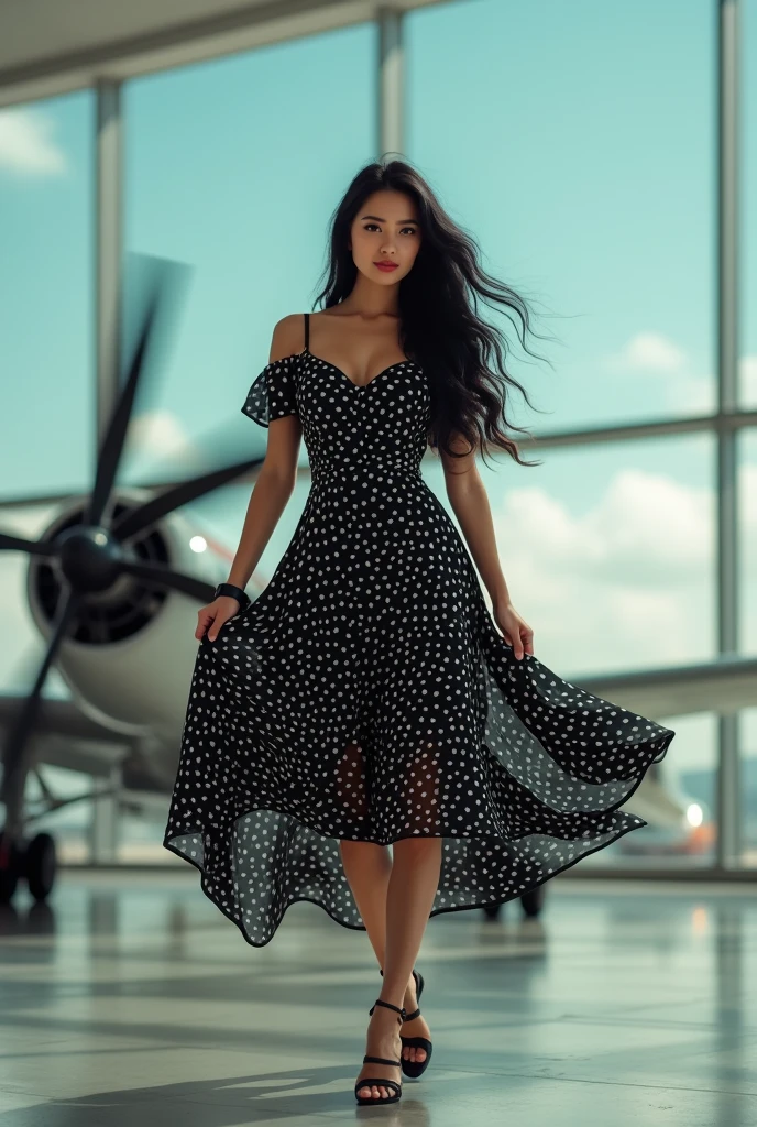 (photorealism:1.2), unique portrait, a 3 curvy Asian woman, with long wavy black hair, wearing a black polka dot dress, wearing black sandals, posing holding her skirt from the wind of a propeller plane passing above the woman. the background is an airport,