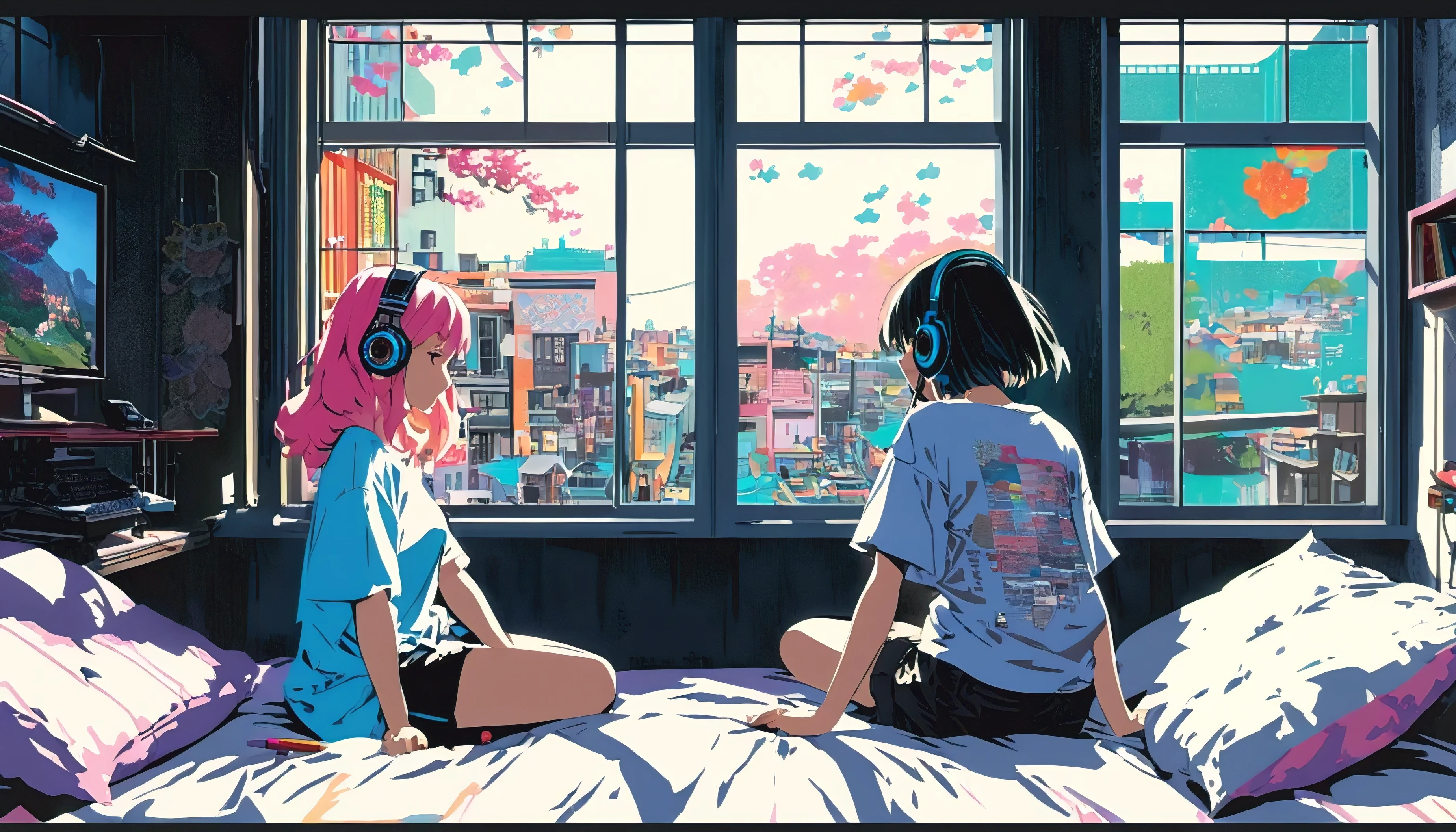 Super detailed:1.3, (Absurd, texture, masterpiece), pixiv Contest Winner, John Berkey, Dynamic cartoon style illustration,Oversized T-shirt、stand lighting、Colored pencil style、anime bedroom scene of 2 girls wearing headphones sitting on a bed playing a video game,Room with a window、High precision、detailed、８K,Dark aesthetic,Euphoric,Black shorts,Beautiful woman,Old alley background, Dozing off,Crayon colored Zentangle,overview,Anime key visual,japanese style,kyoto background