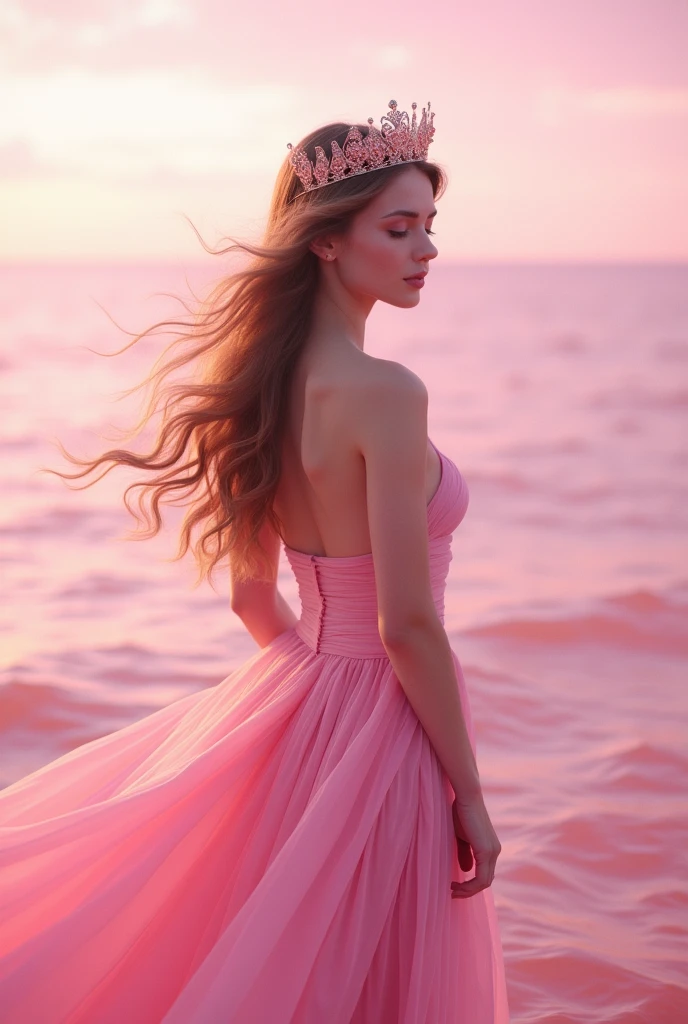 sea background, with pink would be with long wavy hair and light brown,crown on head,full body photo,Pink dress, pink sea