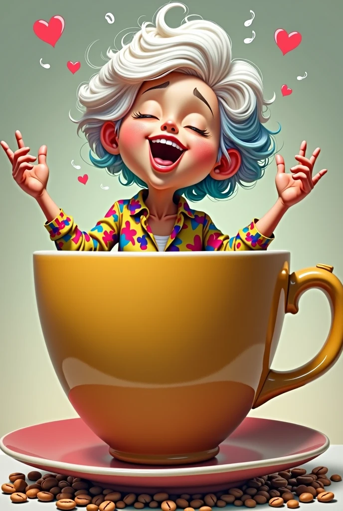 Funny grandma with short colorful hair sits in a huge coffee cup and sings: Coffee makes you beautiful, Arte Digital, German language